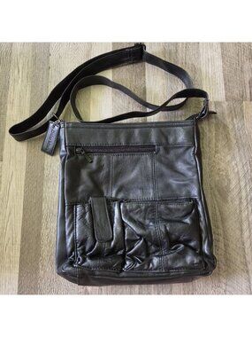 Dolce Miele Black‎ Leather Crossbody Bag Organizer Multi Pocket Shoulder Purse